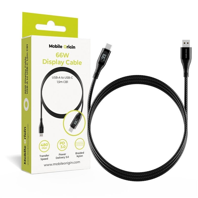Mobile Origin 66W USB-A til USB-C Kabel m. Display - 1,5 m - Sort