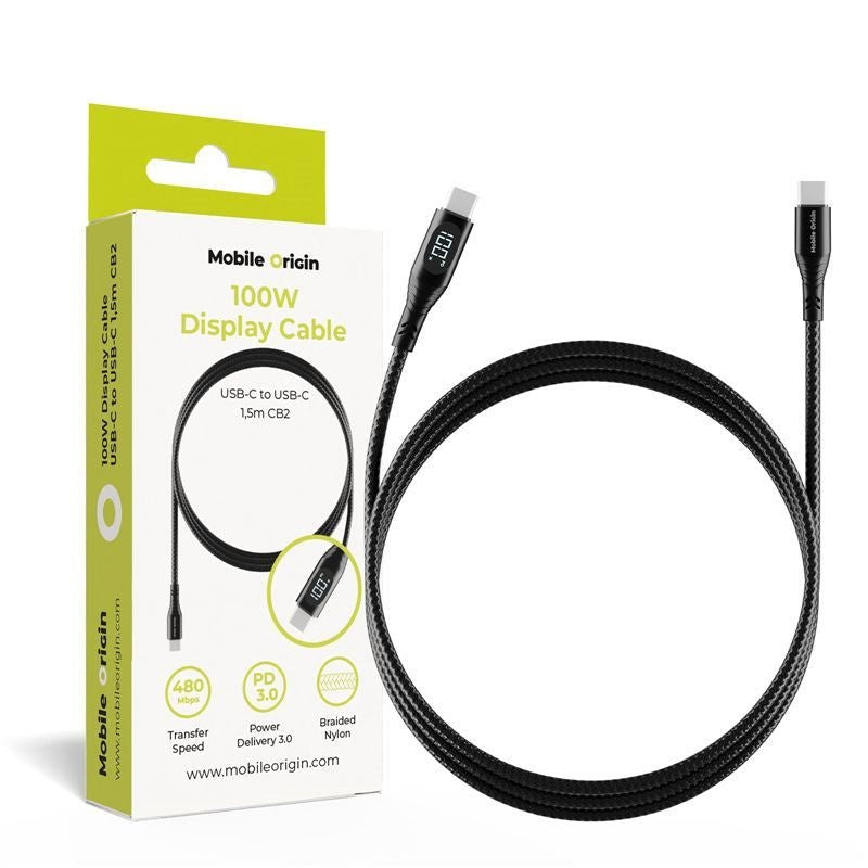 Mobile Origin 100W USB-C til USB-C Kabel m. Display - 1,5 m - Sort