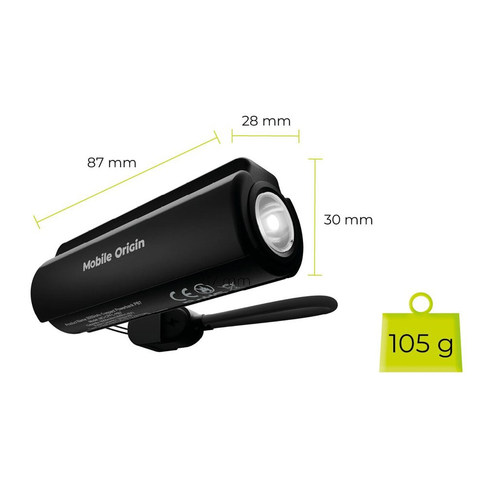 Mobile Origin 5000 mAh PowerBank m. Lommelygte & USB-C Kabel - Sort