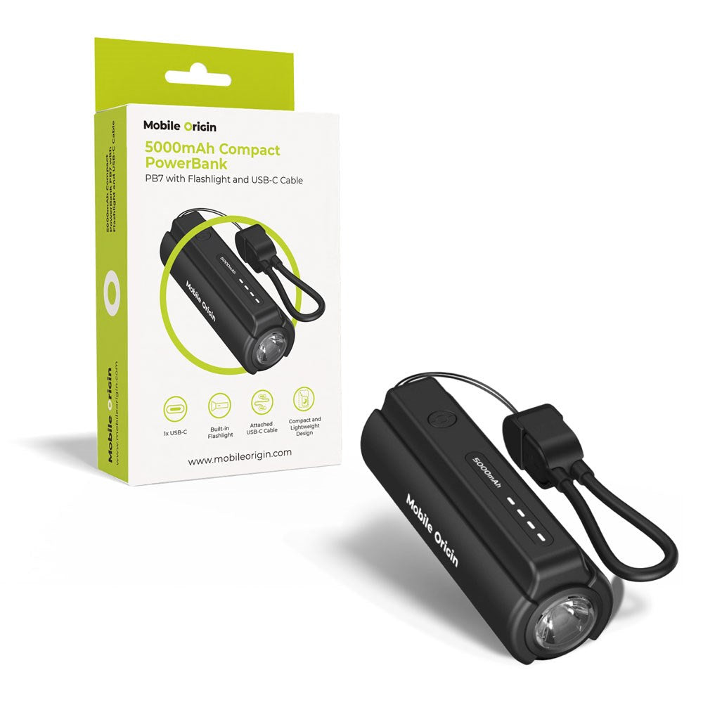 Mobile Origin 5000 mAh PowerBank m. Lommelygte & USB-C Kabel - Sort