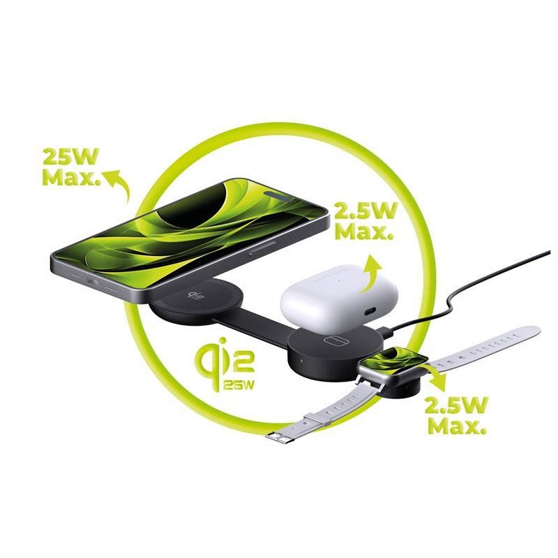Mobile Origin 3-i-1 Foldbar Trådløs Qi2 Oplader til Smartphone / Apple Watch / Høretelefoner - 25W - Sort
