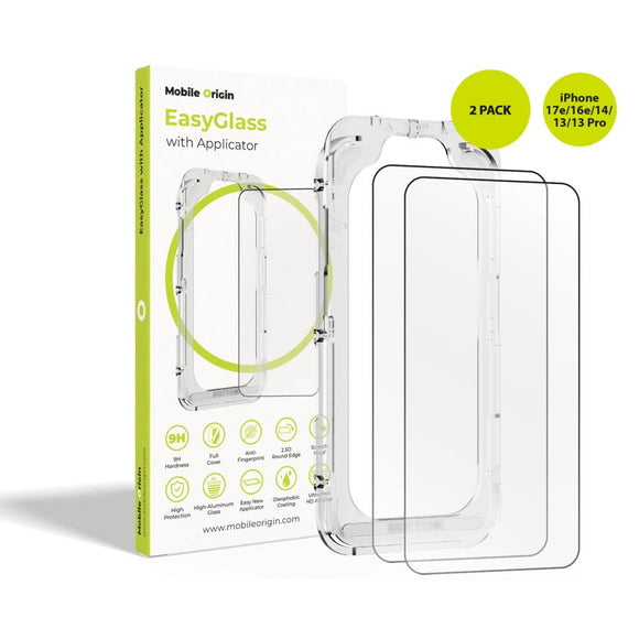 iPhone 17e / 16e / 14 / 13 / 13 Pro Mobile Origin EasyGlass Skærmbeskyttelsesglas - 2 stk. - Gennemsigtig