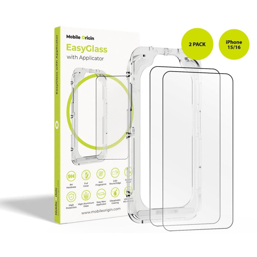 iPhone 16 / 15 Mobile Origin EasyGlass Skærmbeskyttelsesglas - 2 stk. - Gennemsigtig
