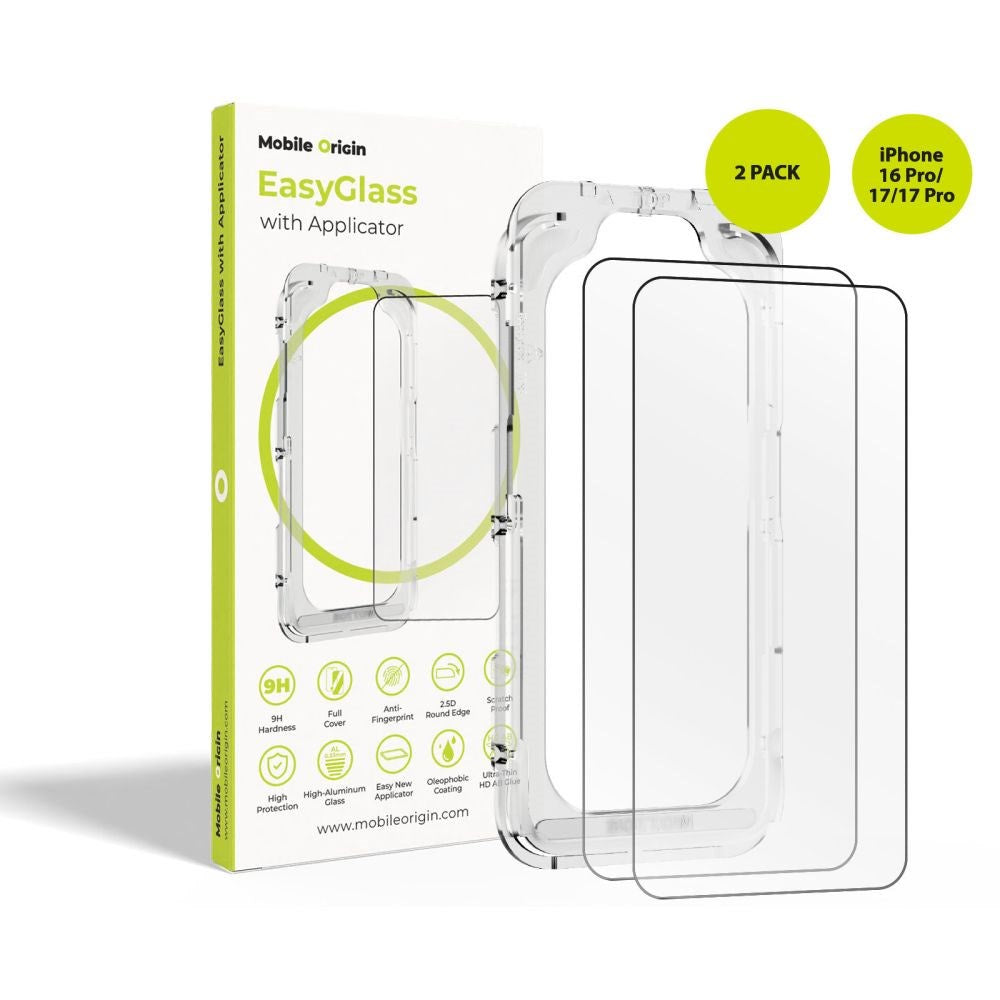 iPhone 17 / 17 Pro / 16 Pro Mobile Origin EasyGlass Skærmbeskyttelsesglas - 2 stk. - Gennemsigtig