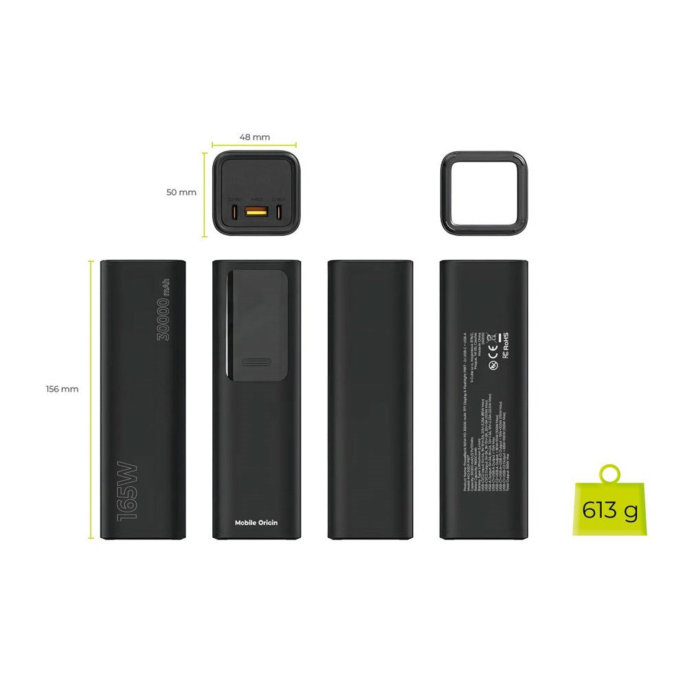 Mobile Origin 165W PowerBank m. Display & Lommelygte - 2x USB-C & 1x USB-A - 30.000 mAh - Sort