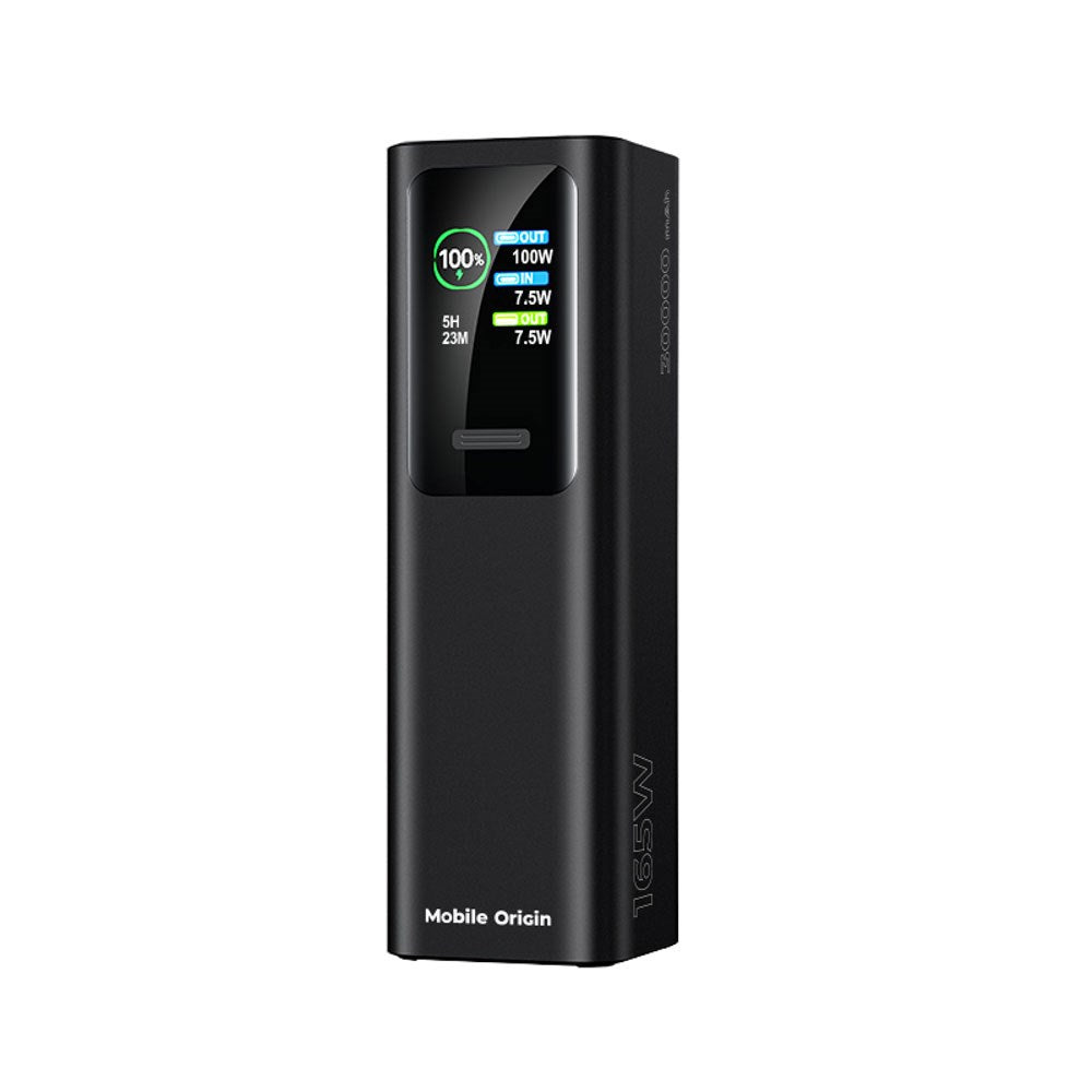 Mobile Origin 165W PowerBank m. Display & Lommelygte - 2x USB-C & 1x USB-A - 30.000 mAh - Sort