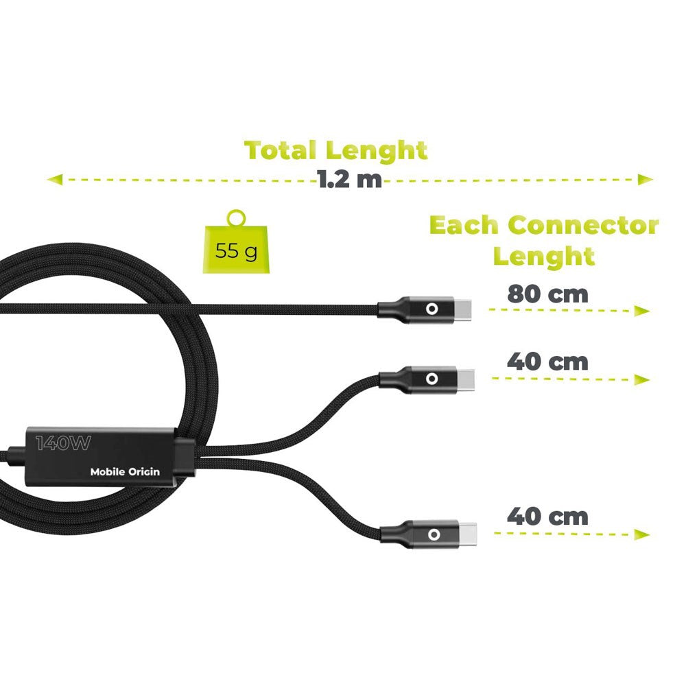 Mobile Origin CB10 140W Dobbelt USB-C til USB-C Kabel - 1.2m - Sort