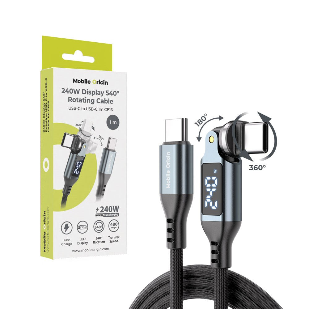 Mobile Origin 240W Display 540° Roterende USB-C til USB-C Kabel - 1m - Sort
