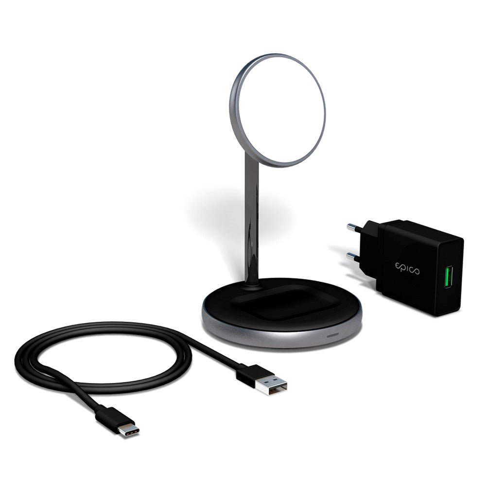 Epico Magnetisk 2-i-1 Trådløs Oplader Stand 15W m. 18W QC Vægoplader - MagSafe Kompatibel - Space Grey