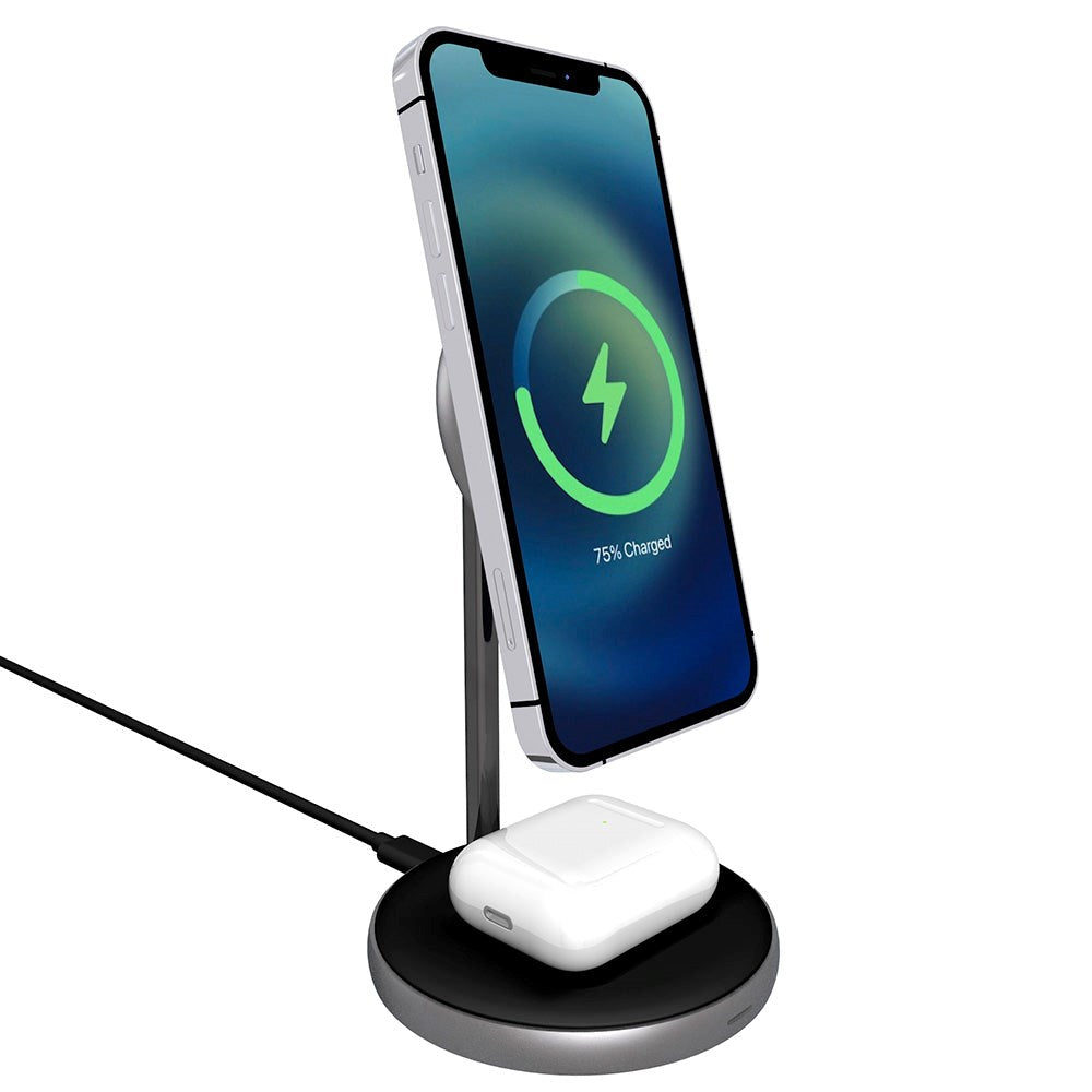Epico Magnetisk 2-i-1 Trådløs Oplader Stand 15W m. 18W QC Vægoplader - MagSafe Kompatibel - Space Grey