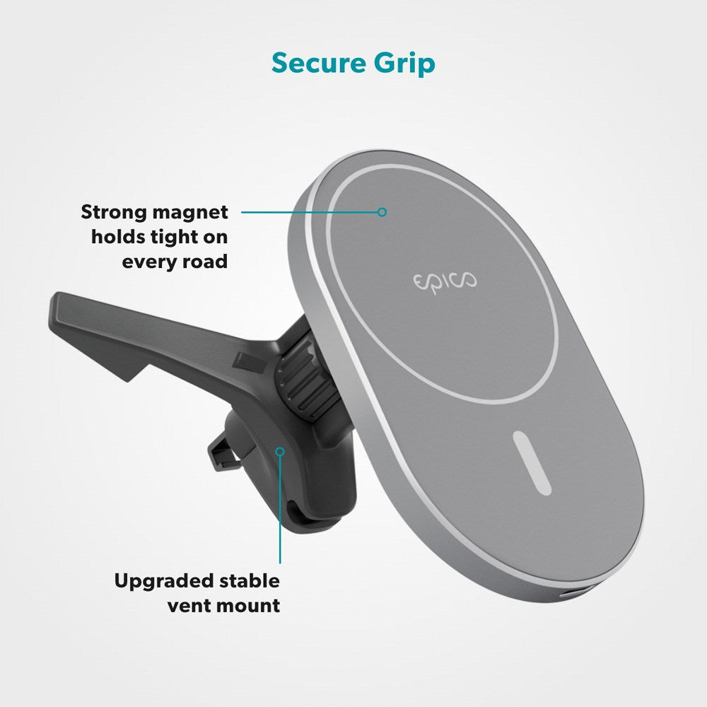 Epico Ellipse Magnetisk Mobilholder til Bil m. 15W Trådløs Opladning & 18W Biloplader - MagSafe Kompatibel - Space Grey