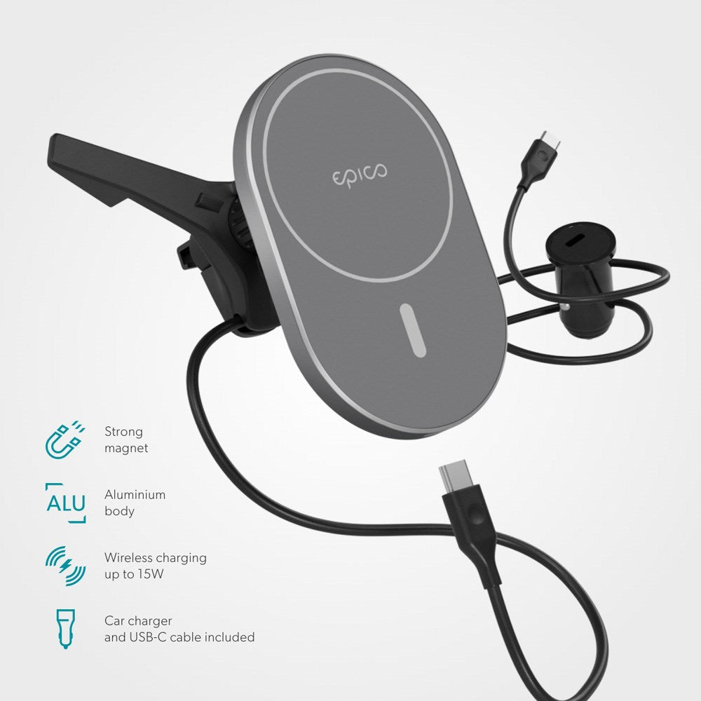 Epico Ellipse Magnetisk Mobilholder til Bil m. 15W Trådløs Opladning & 18W Biloplader - MagSafe Kompatibel - Space Grey