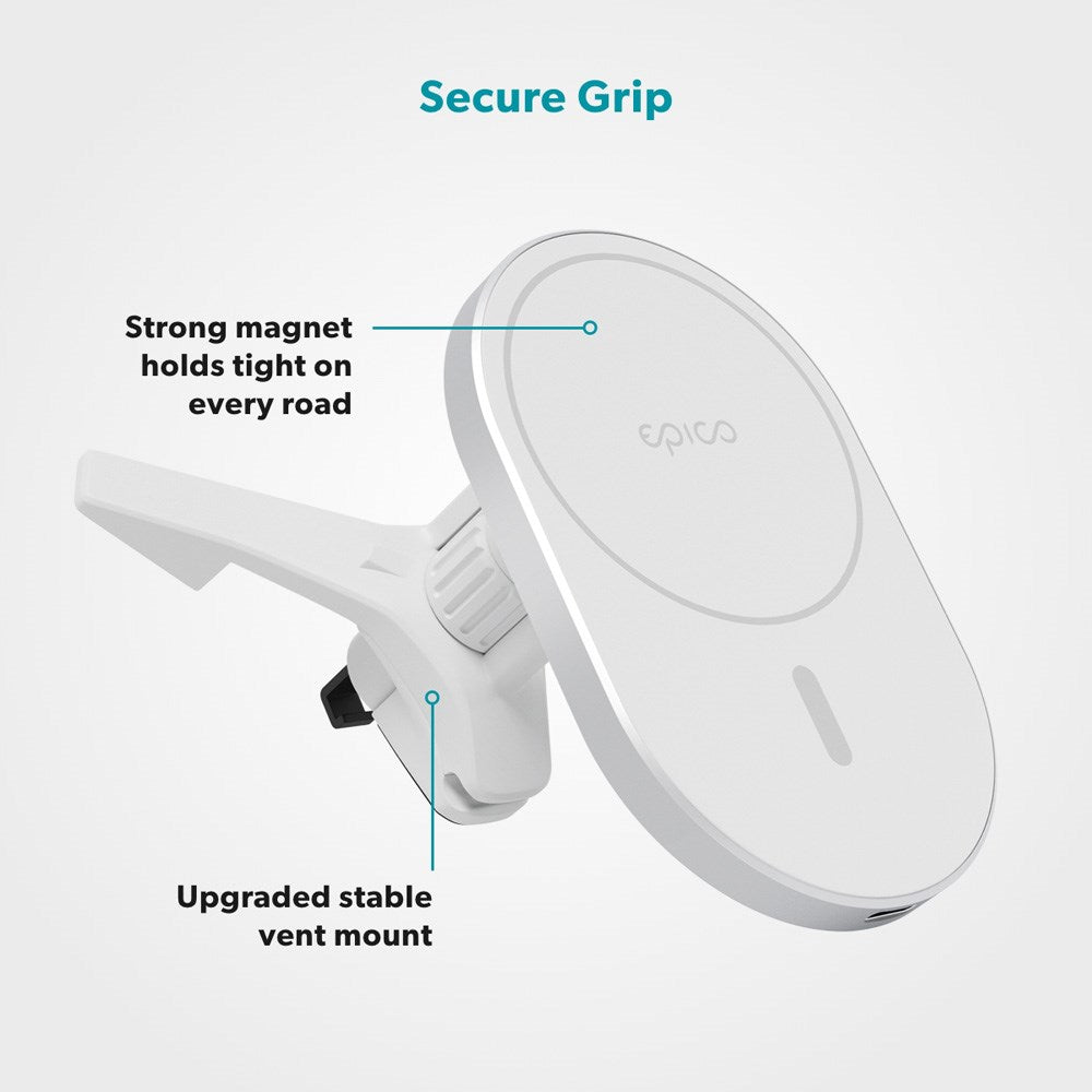 Epico Ellipse Magnetisk Mobilholder til Bil m. 15W Trådløs Opladning & 18W Biloplader - MagSafe Kompatibel - Hvid