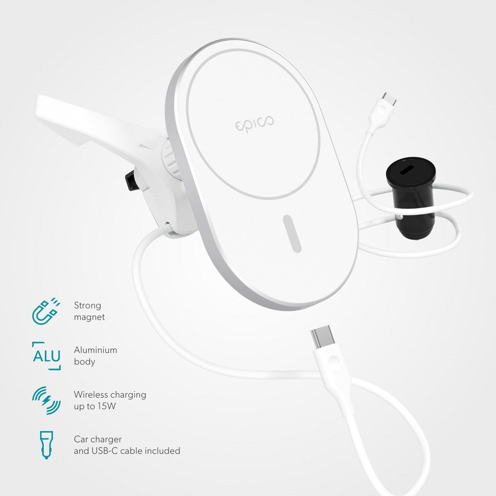 Epico Ellipse Magnetisk Mobilholder til Bil m. 15W Trådløs Opladning & 18W Biloplader - MagSafe Kompatibel - Hvid
