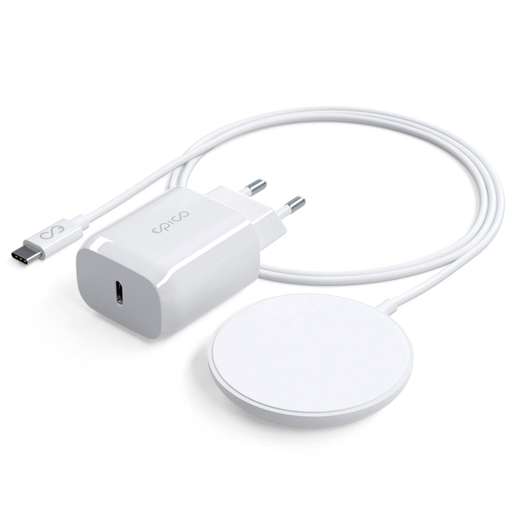 Epico Magnetisk Trådløs Oplader 15W m. 20W PD Vægoplader - MagSafe Kompatibel - Hvid