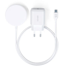 Epico Magnetisk Trådløs Oplader 15W m. 20W PD Vægoplader - MagSafe Kompatibel - Hvid