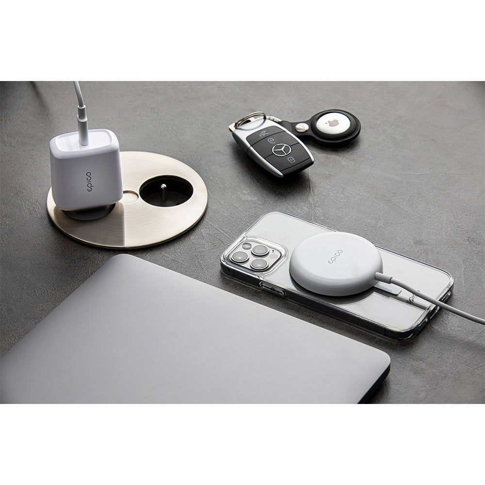Epico Magnetisk Trådløs Oplader 15W m. 20W PD Vægoplader - MagSafe Kompatibel - Hvid