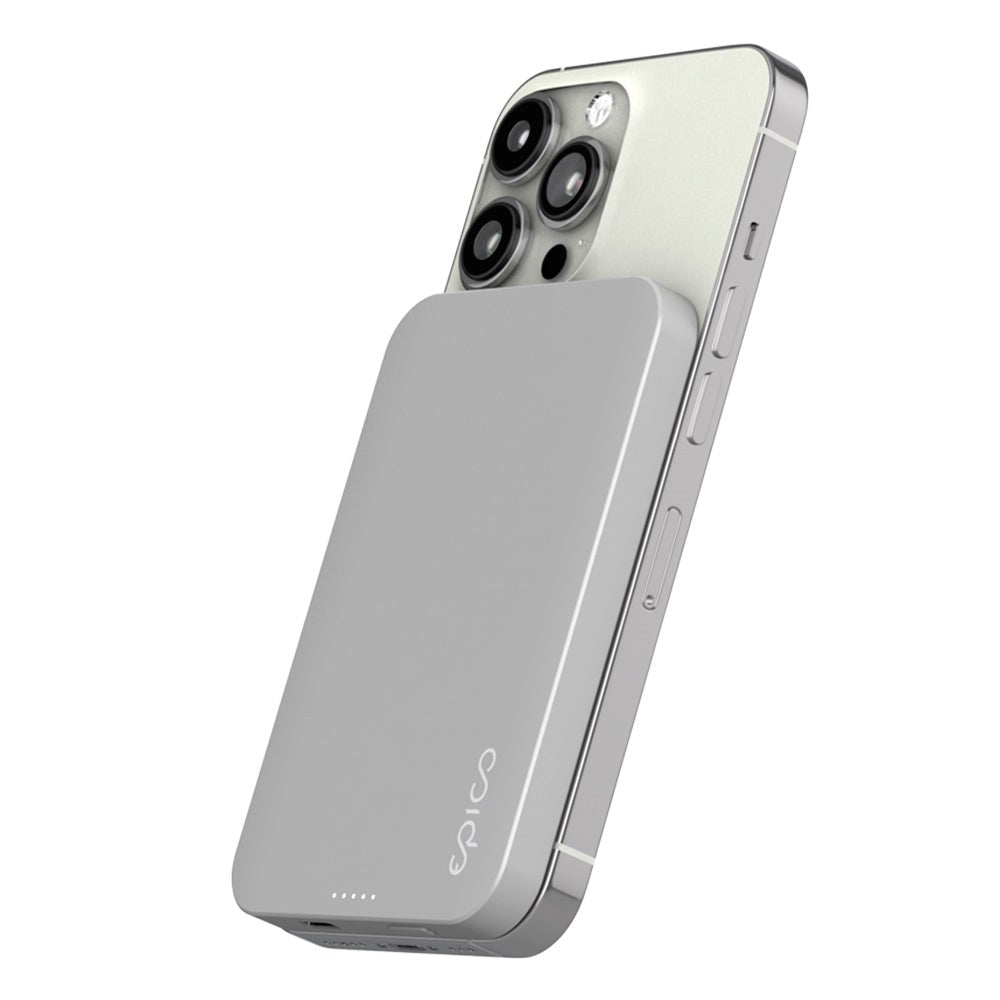 Epico 20W Aluminium Magnetisk Powerbank 5.000 mAh m. USB-C Kabel - MagSafe Kompatibel - Sølv