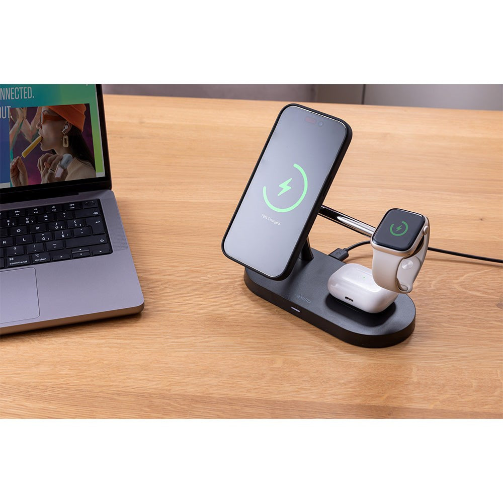 Spello 3-i-1 Magnetisk Trådløs Oplader 15W - MagSafe Kompatibel - Sort