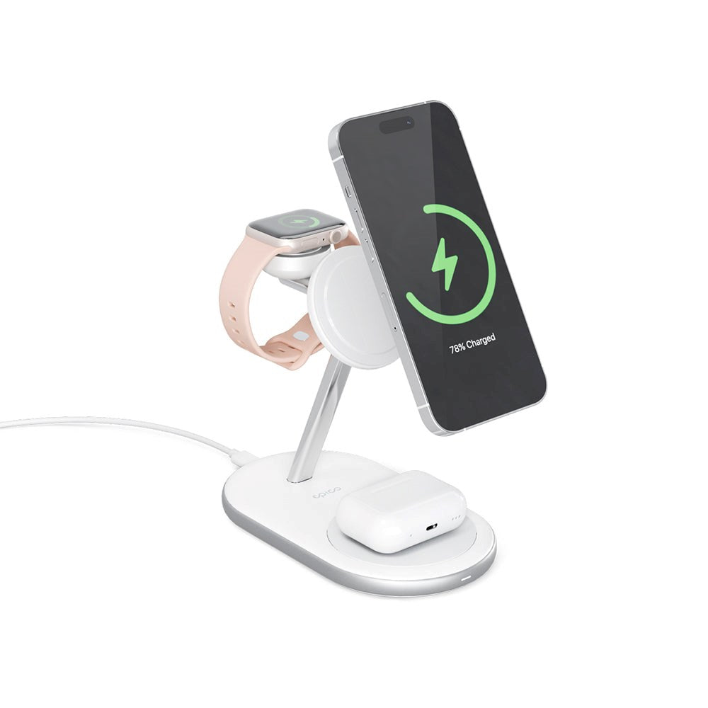 Epico Charging Stand - 3-i-1 15W Trådløs Oplader - MagSafe Kompatibel - Hvid - (DEMO)