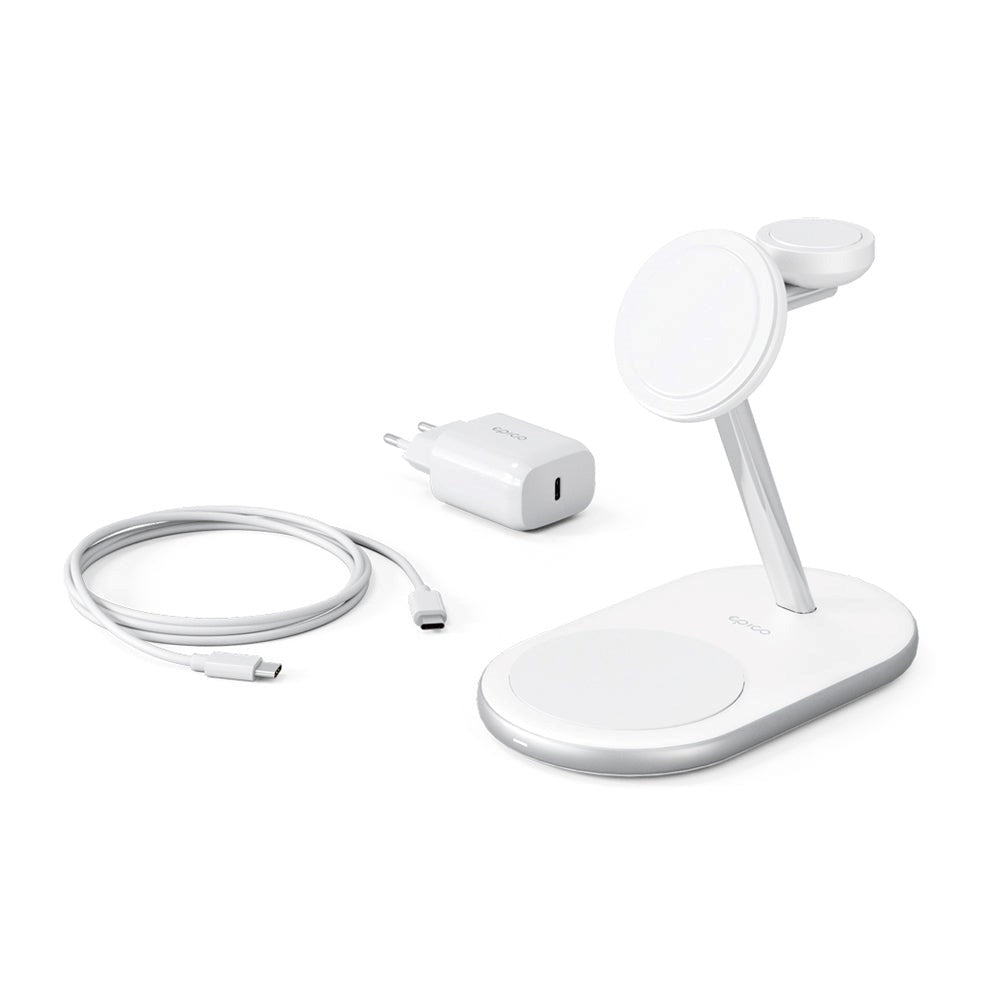 Epico Charging Stand - 3-i-1 15W Trådløs Oplader - MagSafe Kompatibel - Hvid - (DEMO)