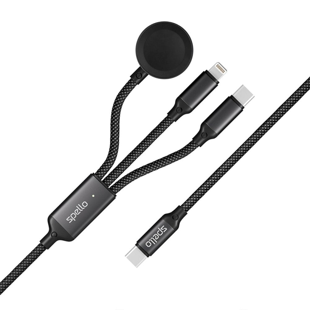 Spello 3-i-1 Multifunktionelt 100W USB-C Kabel m. USB-C - Lightning - Apple Watch Oplader - Sort