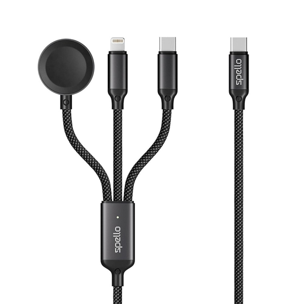 Spello 3-i-1 Multifunktionelt 100W USB-C Kabel m. USB-C - Lightning - Apple Watch Oplader - Sort