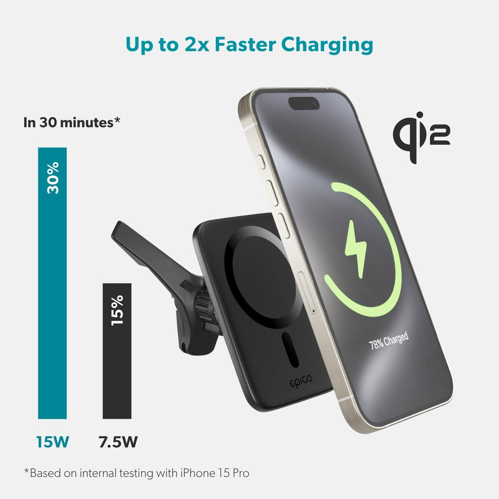 Epico Qi2 Mag+ Mobiloplader til Bil - 15W Trådløs Opladning - MagSafe Kompatibel - Sort