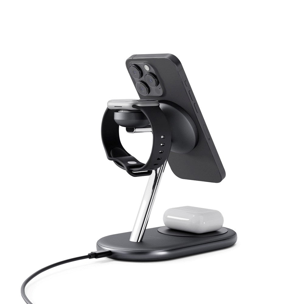 Epico 3-in-1 Trådløs Oplader 15W - Mobil / AirPods / Apple Watch - MagSafe Kompatibel - Sort