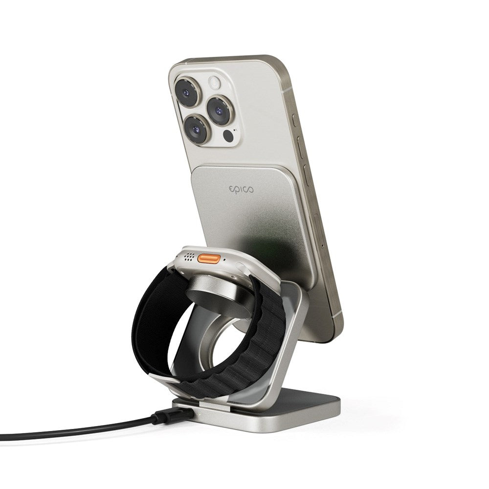 Epico Foldbar 3-i-1 Magnetisk Oplader 15W og Mobilholder - Sølv - (DEMO)