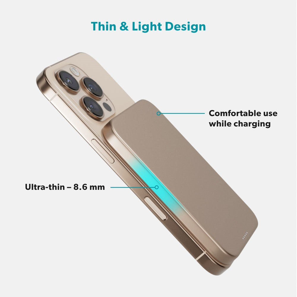 Epico 15W UltraPack EM51 Slim Alu Mag+ 5000 mAh Power Bank m. USB-C - Qi2 / MagSafe Kompatibel - Desert Titanium