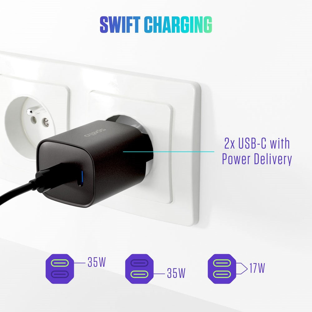 Spello 35W PD (Power Delivery) Vægoplader m. 2 x USB-C - Sort