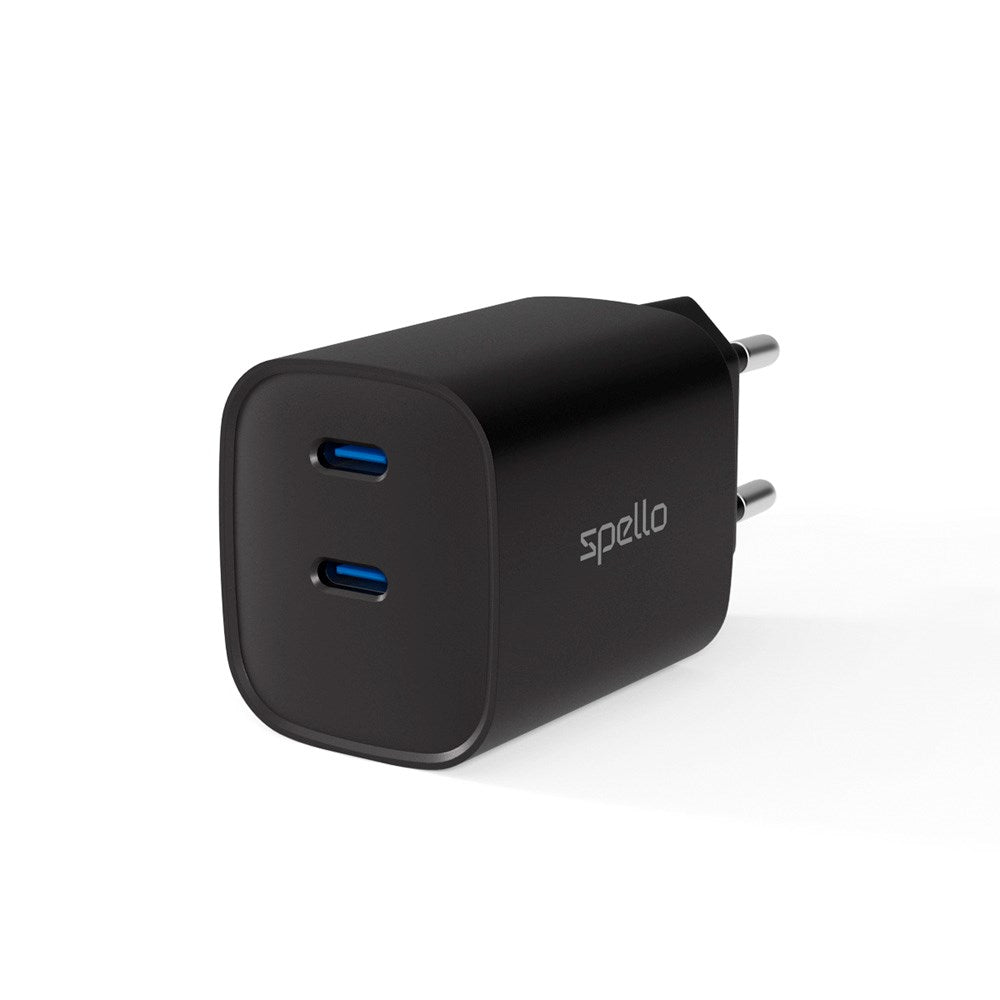 Spello 35W PD (Power Delivery) Vægoplader m. 2 x USB-C - Sort