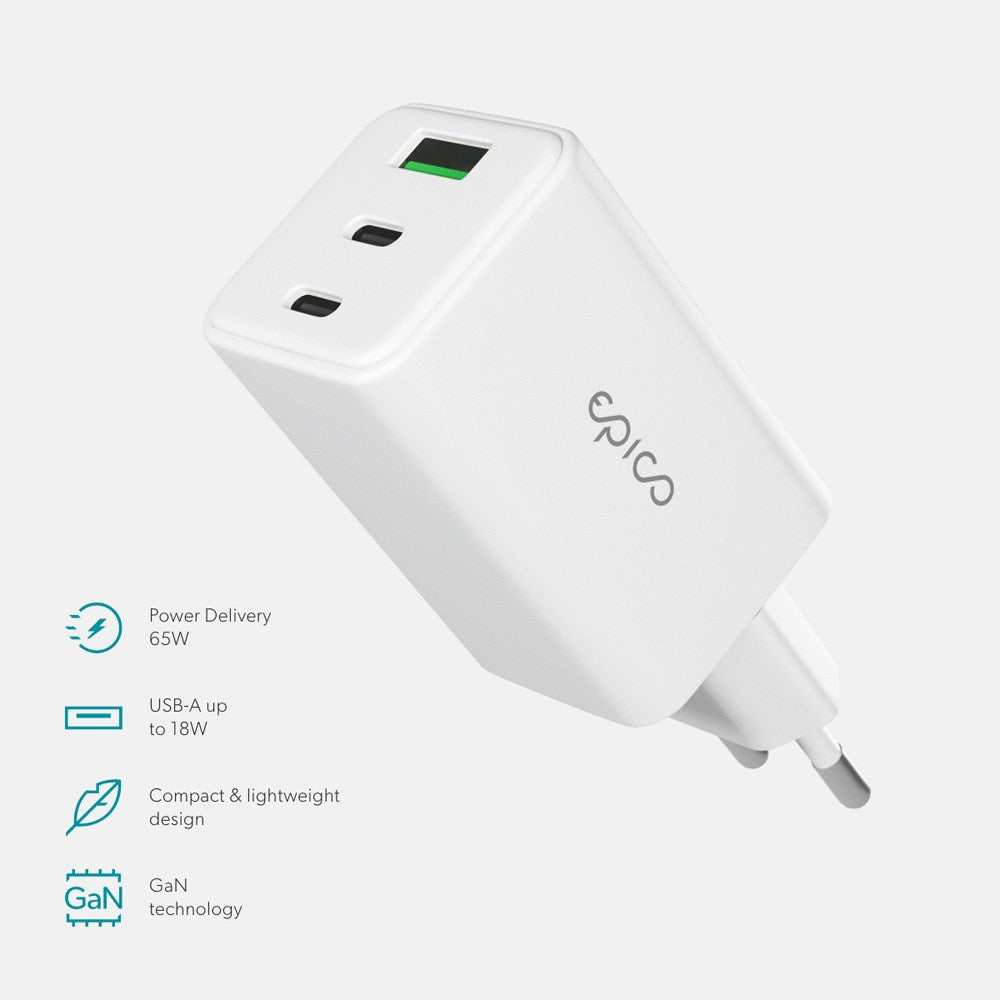 Epico UltraBoost GaN 65W Vægoplader - 2x USB-C / 1x USB-A - Hvid