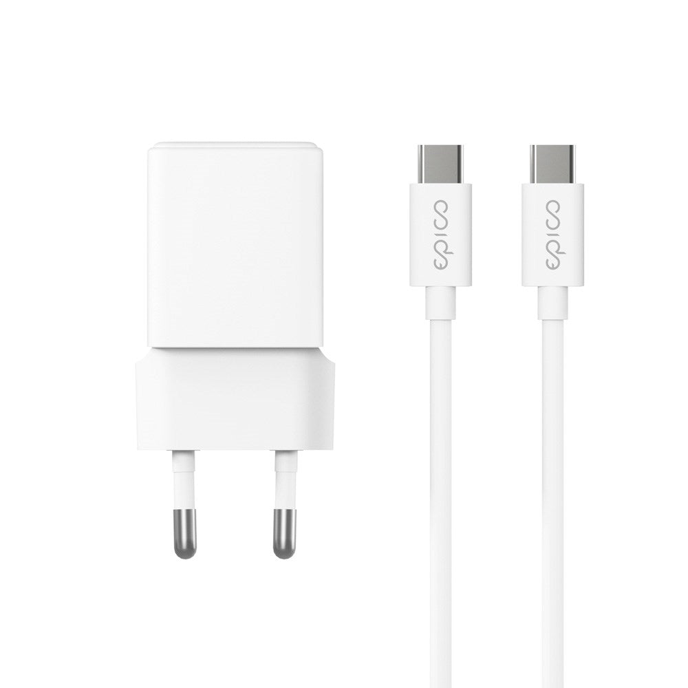 Epico UltraBoost GaN 20W Vægoplader m. 1.2m USB-C til USB-C Kabel - 1x USB-C / 1x USB-A - Hvid