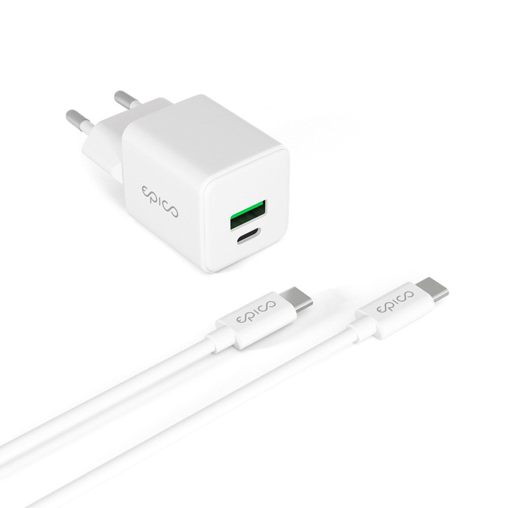 Epico UltraBoost GaN 20W Vægoplader m. 1.2m USB-C til USB-C Kabel - 1x USB-C / 1x USB-A - Hvid