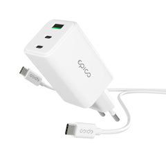 Epico UltraBoost GaN 65W Vægoplader m. 1.2m USB-C til USB-C Kabel - 2x USB-C / 1x USB-A - Hvid