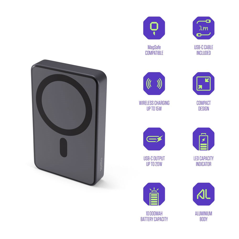 Spello ForcePack 10.000mAh Magnetisk Power Bank 15W - MagSafe Kompatibel - Mørkegrå