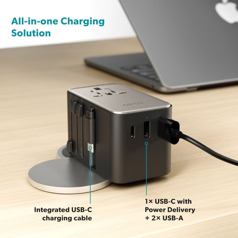 Epico UltraBoost Universal Rejseadapter 70W m. 2 x USB-A 1 x USB-C - Titanium