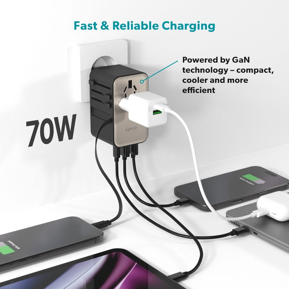 Epico UltraBoost Universal Rejseadapter 70W m. 2 x USB-A 1 x USB-C - Titanium