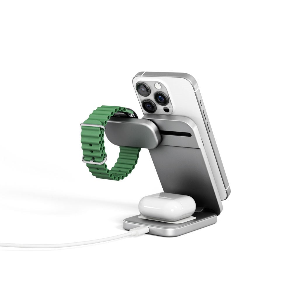 Spello ForceBase Foldbar 3-i-1 Trådløs Qi2 Oplader 15W - MagSafe Kompatibel - Sølv