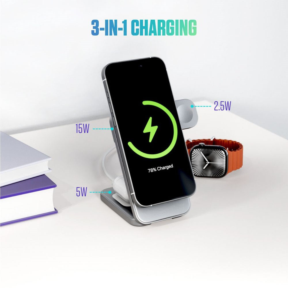 Spello ForceBase Foldbar 3-i-1 Trådløs Qi2 Oplader 15W - MagSafe Kompatibel - Sølv