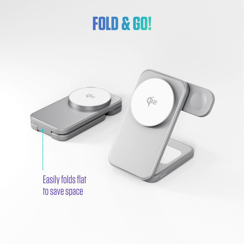 Spello ForceBase Foldbar 3-i-1 Trådløs Qi2 Oplader 15W - MagSafe Kompatibel - Sølv