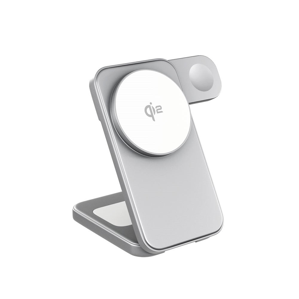Spello ForceBase Foldbar 3-i-1 Trådløs Qi2 Oplader 15W - MagSafe Kompatibel - Sølv