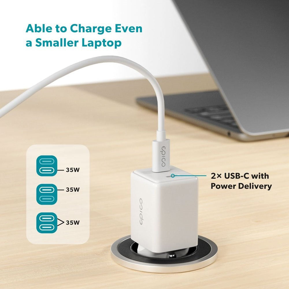 Epico UltraBoost GaN 35W Vægoplader m. 1.2m USB-C til USB-C Kabel - 2x USB-C - Hvid