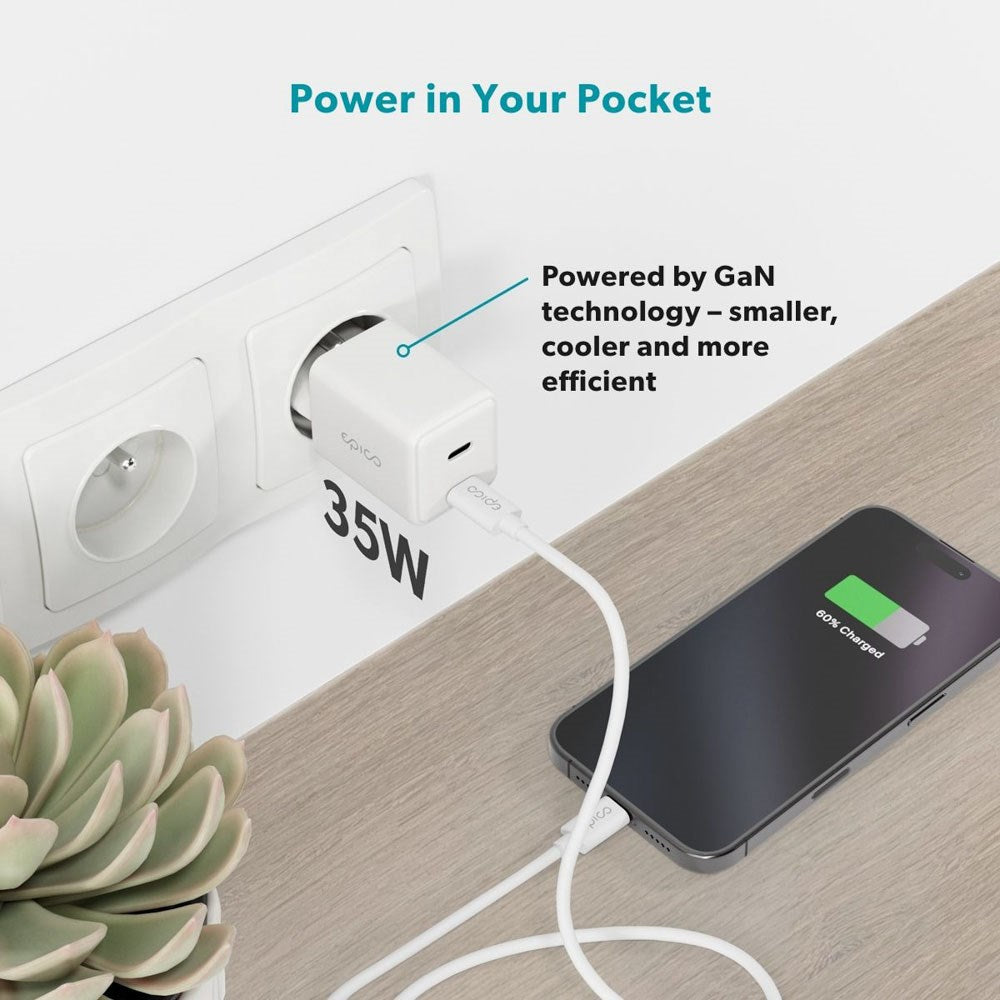 Epico UltraBoost GaN 35W Vægoplader m. 1.2m USB-C til USB-C Kabel - 2x USB-C - Hvid