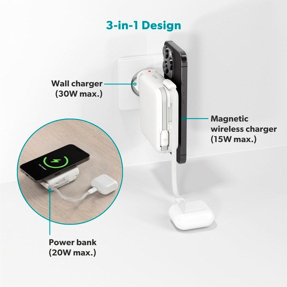 Epico UltraPack Mag+ 3-i-1 Rejse PowerBank 10.000 mAh - MagSafe Kompatibel - Hvid