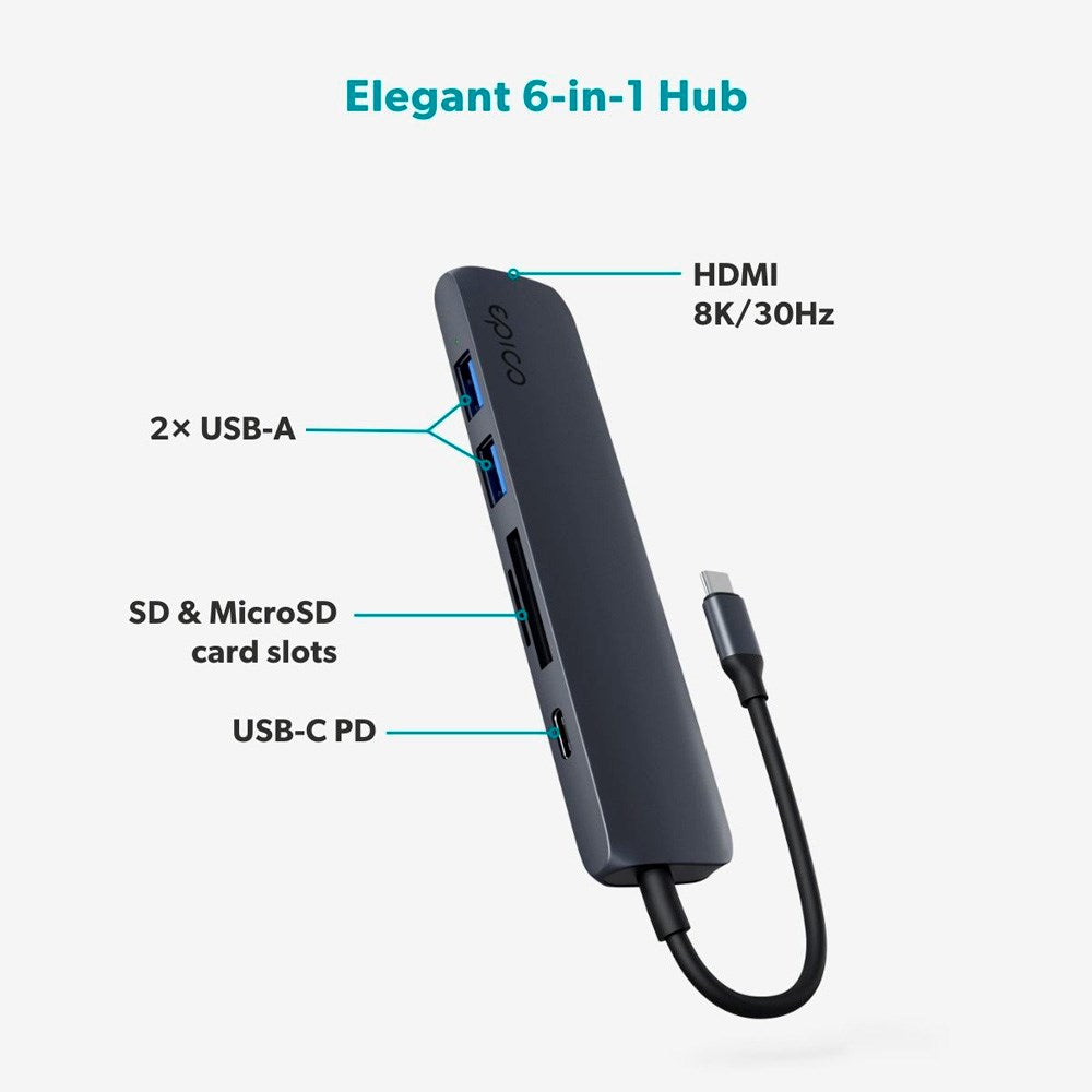 Epico 6-i-1 Aluminium Hub 8K - Midnight