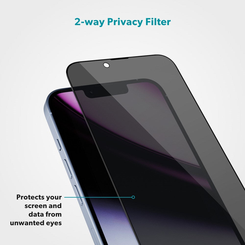 iPhone 16 / 15 / 14 Pro Epico Privacy Glass 3D Skærmbeskyttelsesglas m. Installationsramme - Gennemsigtig