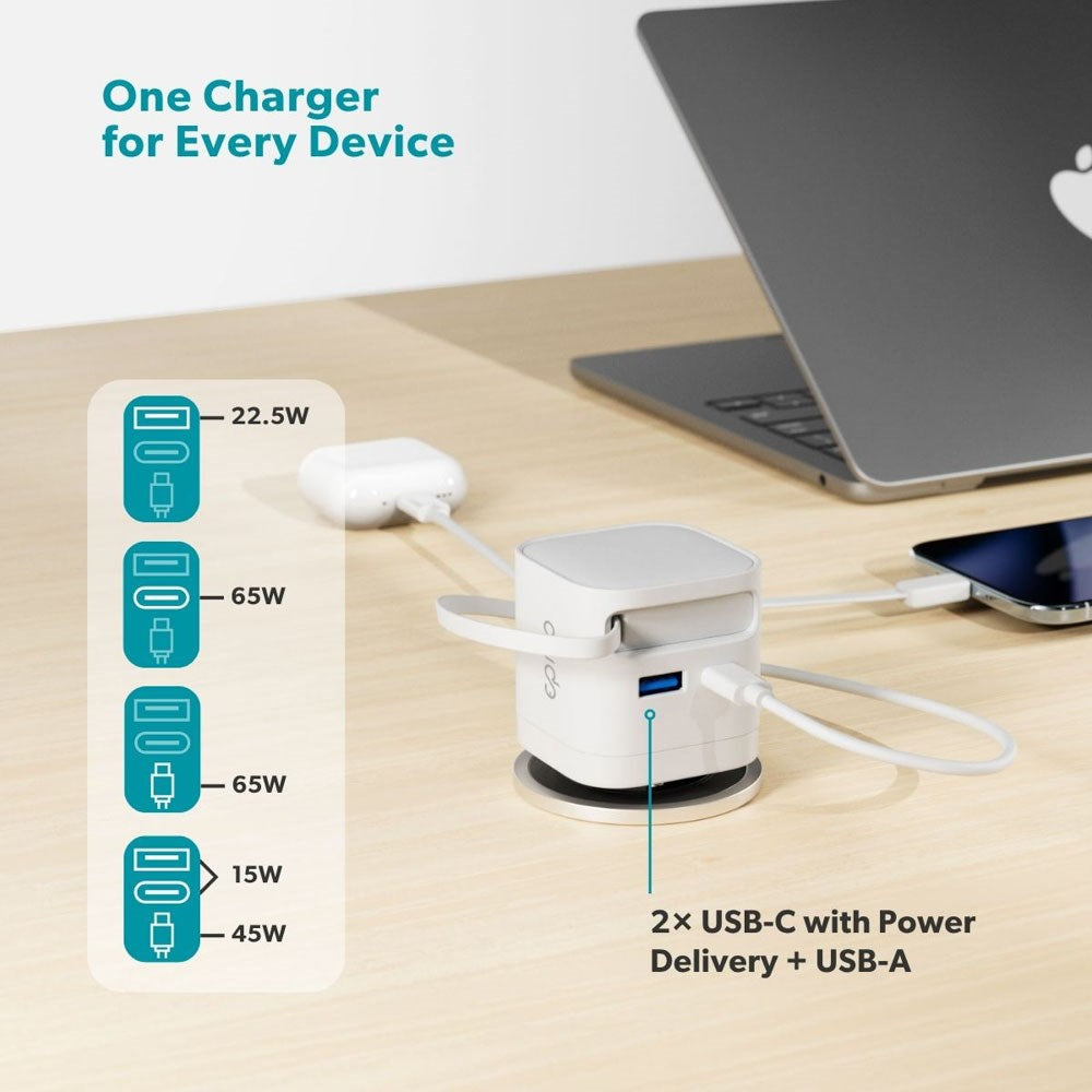 Epico UltraBoost 65W Vægoplader m. USB-C / USB-A / Udtrækkeligt USB-C Kabel - Hvid